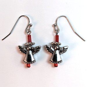 Hand Crafted Angel Drop Earrings Delicate Red Silver Metal Cottagecore Kawaii